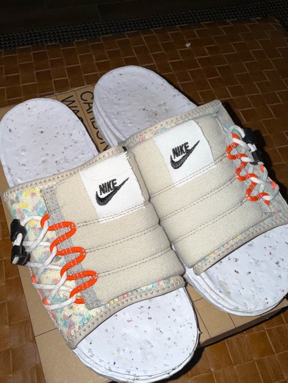 Nike Beige Slide Sandals with Multicolor Accents